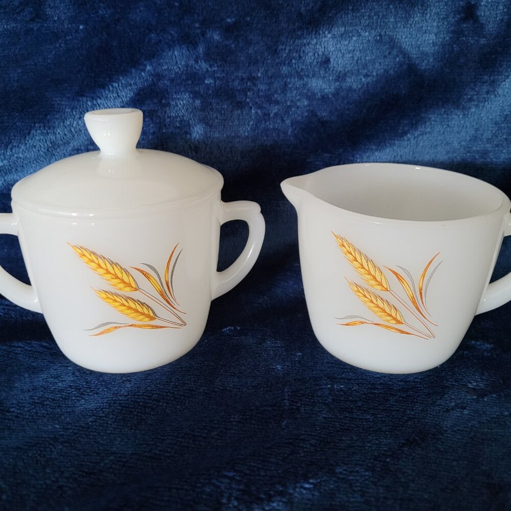 Vintage Fire King Golden Wheat Cream and Sugar Set